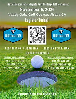 Image of a golf ball, featuring the Dairy Challenge logo, sitting on a golf course near a hole. Text describing sponsorship levels