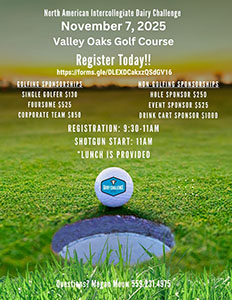 Image of a golf ball, featuring the Dairy Challenge logo, sitting on a golf course near a hole. Text describing sponsorship levels